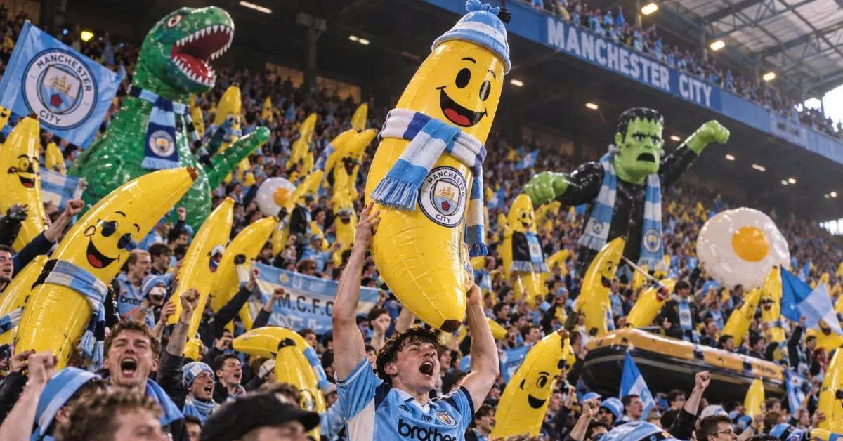 Hình ảnh thi đấu trận đấu: CĐV Man City mang vườn chuối bơm hơi đến sân Anfield của Liverpool